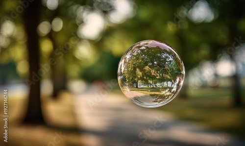 A bubble is floating in the air in front of a tree