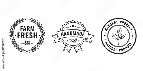 Farm fresh handmade natural product labels with leaf wreath and seal designs for organic and eco friendly products  natural product labels