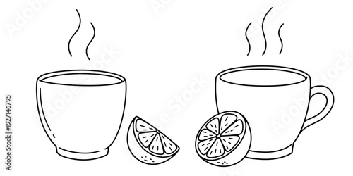 Line drawing of two steaming cups with lemon slices on white background