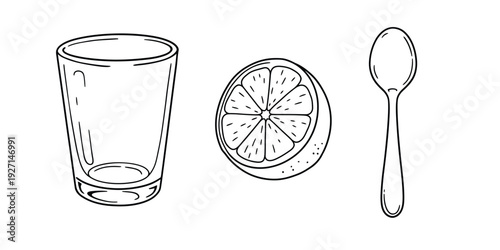 Drawing of glass spoon and slice of lemon on white background