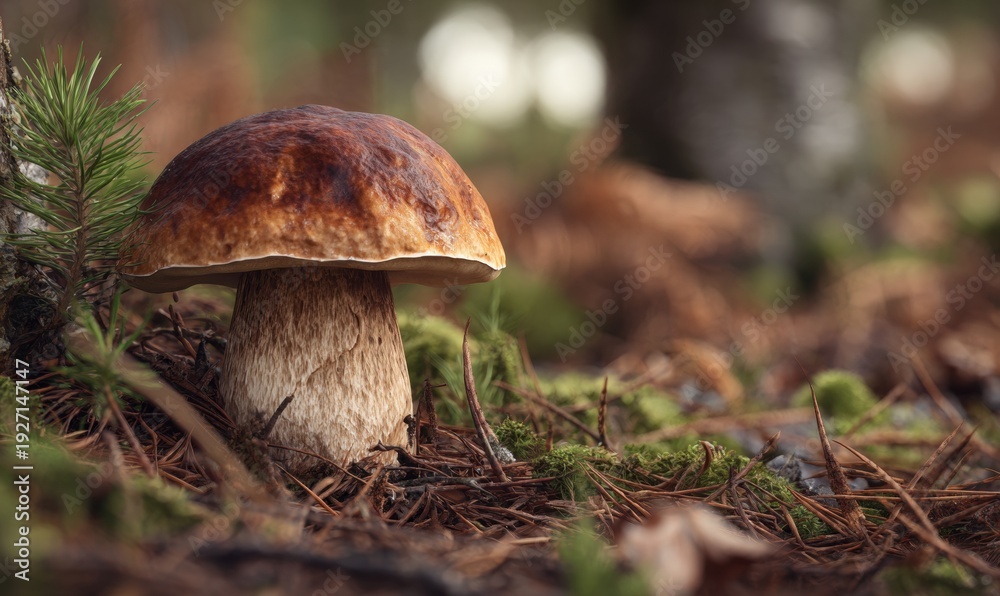 Fototapeta premium A mushroom is sitting on the ground in a forest