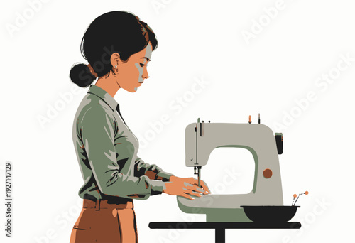 Woman Using Sewing Machine in Home Studio for Creative Textile Design and Tailoring to Craft Personalized Garments with Precision
