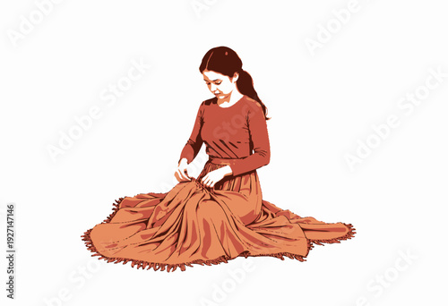 Young woman sitting on floor arranging flowing fabric with elegant folds and serene expression