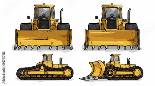 Four illustrations of a yellow bulldozer, in varying positions, showcasing the construction machine
