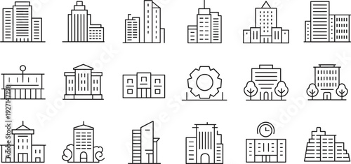 Minimalist architecture building icons set, skyscrapers, offices, government, industrial facilities, schools, urban planning, cityscape, design illustration