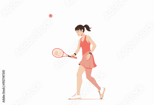 Illustration of a Female Tennis Player in Action with Racket and Ball on a Clear Background, Capturing the Grace and Focus of the Sport