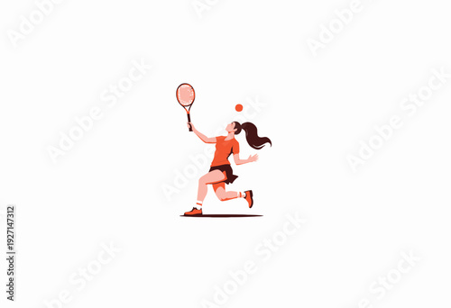 Dynamic illustration of a female tennis player mid-match showcasing athletic skill with a powerful serve in a vibrant motion captured on a minimalist white background