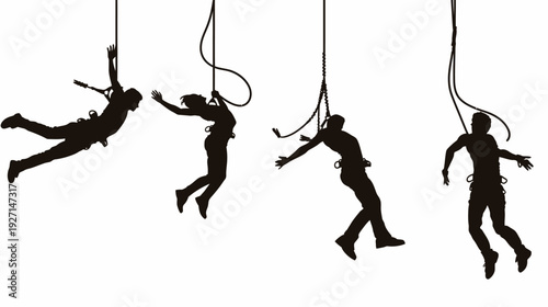 Black silhouettes of four people freefalling while bungee jumping with ropes attached