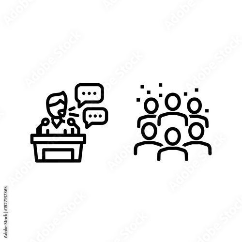 Minimalist illustration symbolizing public speaking and communication, with abstract elements representing voice and presentation.