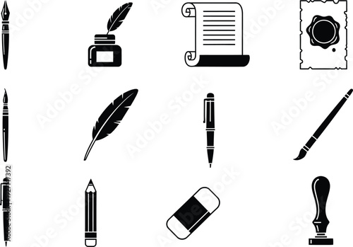 Collection of black and white writing and stationery icons on a plain white background