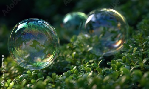 Three bubbles are floating in the air above a green bush