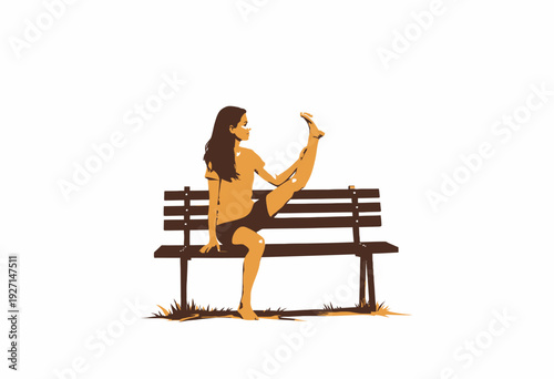 Woman Practicing Yoga Stretching on Park Bench in Casual Outdoor Setting with Isolated White Background for Fitness Lifestyle