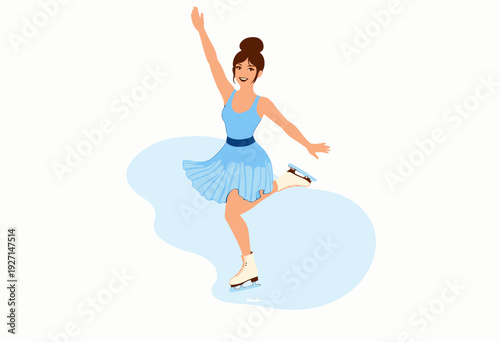 Animated Figure Skater Performing Graceful Spin in Blue Dress on Ice Rink with Elegant Pose and Confident Expression