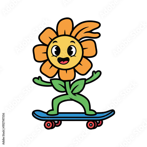 Happy cartoon flower riding skateboard with joyful expression