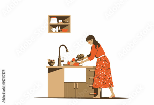 Woman Preparing Fresh Vegetables in Home Kitchen with Wooden Cabinet and Modern Green Faucet in Minimalist Interior Design Setting