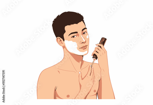 Illustration of a Young Man Confidently Holding a Razor While Applying Shaving Cream on His Face, Focusing on Personal Grooming and Male Self-Care Routine
