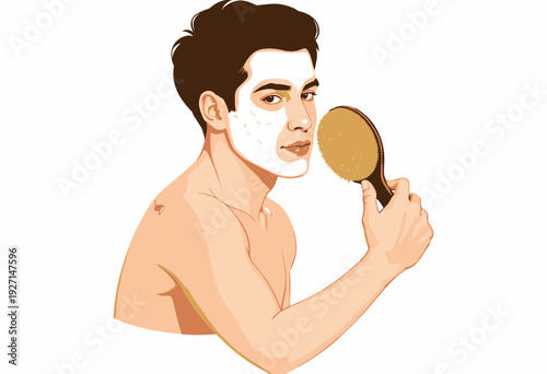 Illustration of a young man applying a face mask while using a dry brushing technique with a body brush for skincare and exfoliation