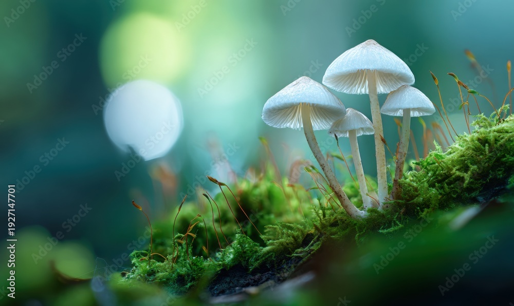 Fototapeta premium Three mushrooms are on a green mossy ground