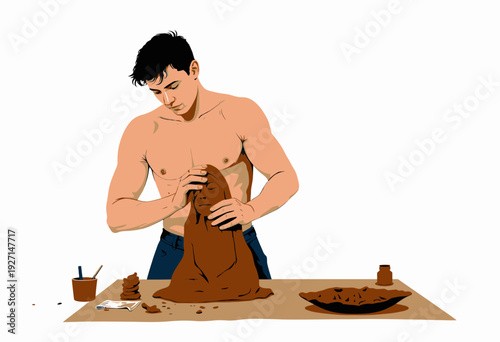 Artisan Engaged in the Creative Process of Sculpting a Clay Statue at a Wooden Workstation with Materials and Tools Displayed in the Studio Environment
