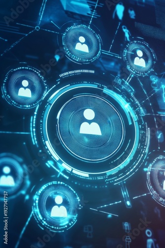 Human resources management concept with digital interface showcasing employee selection and performance metrics