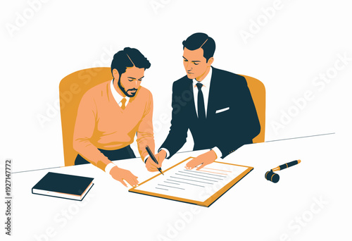 Professional Business Meeting with Two Men Reviewing and Signing a Contract at a Broad White Desk with a Book and Fountain Pen Nearby