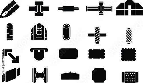 Collection of black minimalist icons representing various industrial mechanical joints and connectors