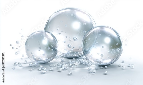 Three shiny, clear spheres are on a white background