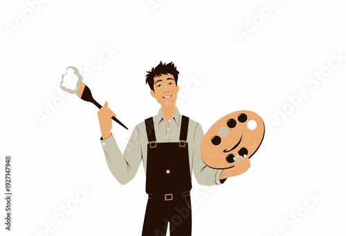 Illustration of a Happy Artist Holding a Paintbrush and Palette with Vibrant Colors Ready to Create a Masterpiece on a Blank Canvas in Studio