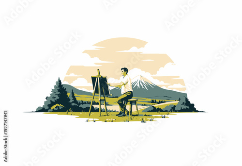 Artist Painting idyllic Landscape of Mountains and Forest by River under a Vast Sky
