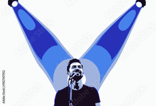 Smiling Performer Against Dramatic Lighting with Blue Spotlights Creating a V Shape While Enthralling Audience in Live Music Concert