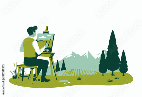 Artist painting a serene landscape on an easel in a peaceful outdoor setting with hills, trees, and distant mountains under a clear blue sky