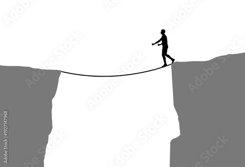 Silhouette of a Person Walking on a Tightrope Over a Deep Canyon with White Background Illustrating the Concept of Risk-Balancing and Precarious Journey
