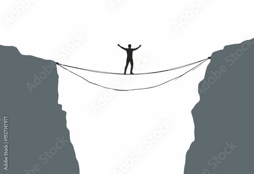 Silhouette of a Person Confidently Crossing a Taut Rope Bridge Between Two Steep Cliffs Over a Vast Chasm on a Bright Day Depicting Courage and Adventure