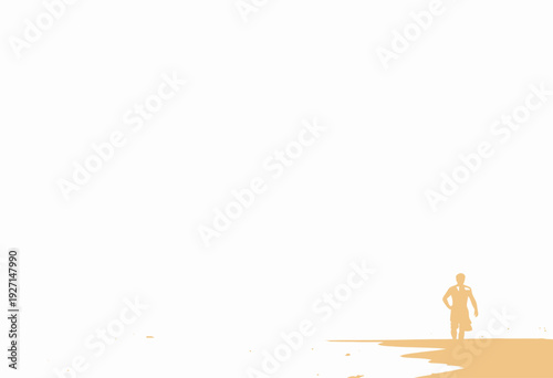 Solitary figure walks along deserted beach with vast empty sky, barefoot and contemplative, embodying solitude, introspection, and connection with nature