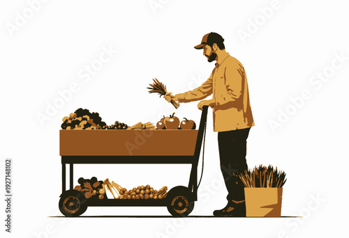 Man Selecting Fresh Vegetables from a Mobile Wooden Cart with Various Colorful Produce on a White Background