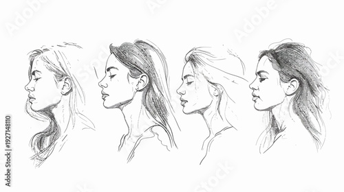 Artistic sketch Four profile views of women with closed eyes, black and white watercolor style