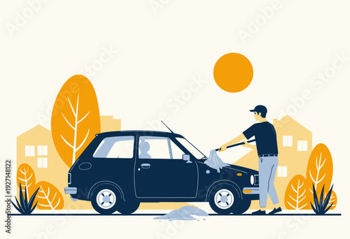 Illustration of a Person Meticulously Washing a Compact Car with a Bright Sunny Background and Autumn-Themed Surroundings