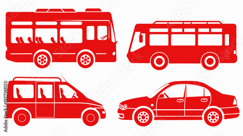 A red graphic illustration depicting various modes of transport, including buses, vans, and a car