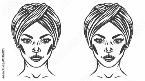 Black and white illustration of two nearly identical faces with head wraps