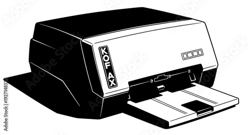 Vintage printer illustration showcasing retro technology and printing capabilities with paper output tray.