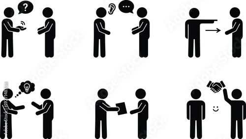 Set of stick figure icons depicting interpersonal communication including asking questions listening sharing ideas giving instructions exchanging documents and reaching a handshake agreement