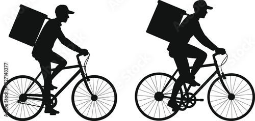 Silhouette bicycle delivery riders with large backpacks, courier service logistics, urban transport, food delivery, shipping, distribution, supply chain efficiency