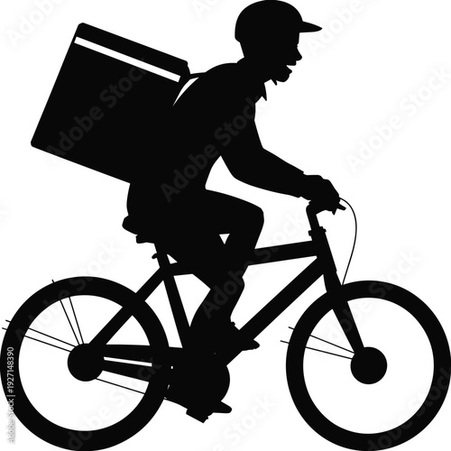 Silhouette bicycle delivery rider with helmet and large backpack, courier service logistics, urban transport, food delivery, shipping distribution efficiency