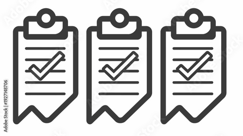 Three stylized, dark gray clipboards with checklists, each having a checkmark icon