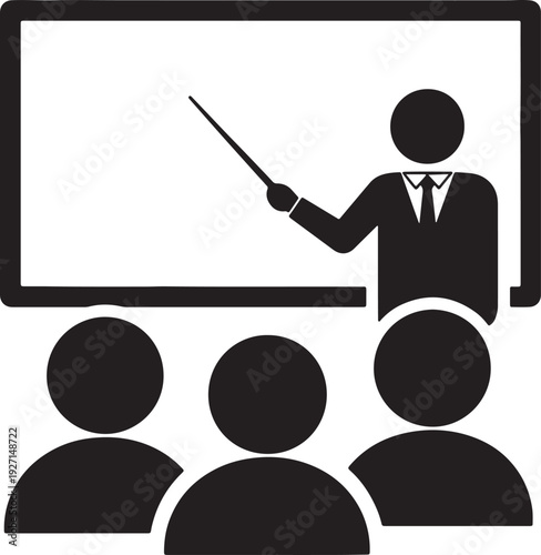 Black and white of a teacher pointing at a whiteboard with students in front also transparent background