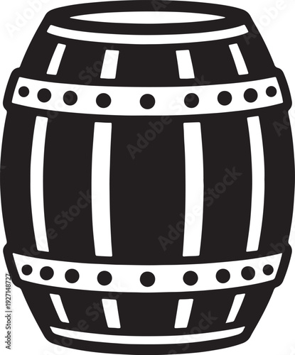 Black and white of a wooden barrel with metal bands and rivets also transparent background container