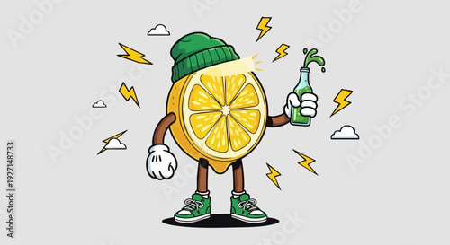 Energetic cartoon anthropomorphic lemon character wearing a green beanie and sneakers holding a fizzy drink bottle with electric lightning bolts symbolizing refreshment and excitement.