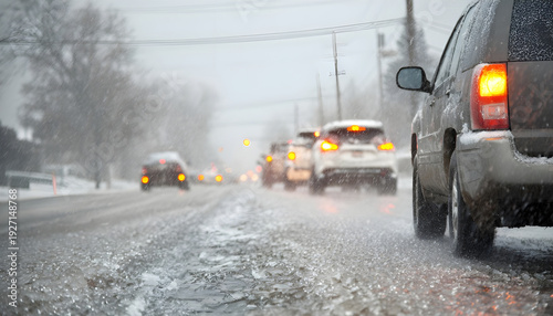 Car parked on a street covered in icy rain with vehicles moving in the background during winter weather