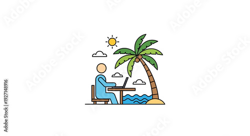 Cartoon Person Relaxing Under Palm Tree.