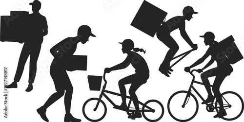 Silhouette delivery workers walking with boxes and cycling, courier service logistics, urban transport, shipping, distribution, supply chain, dynamic motion